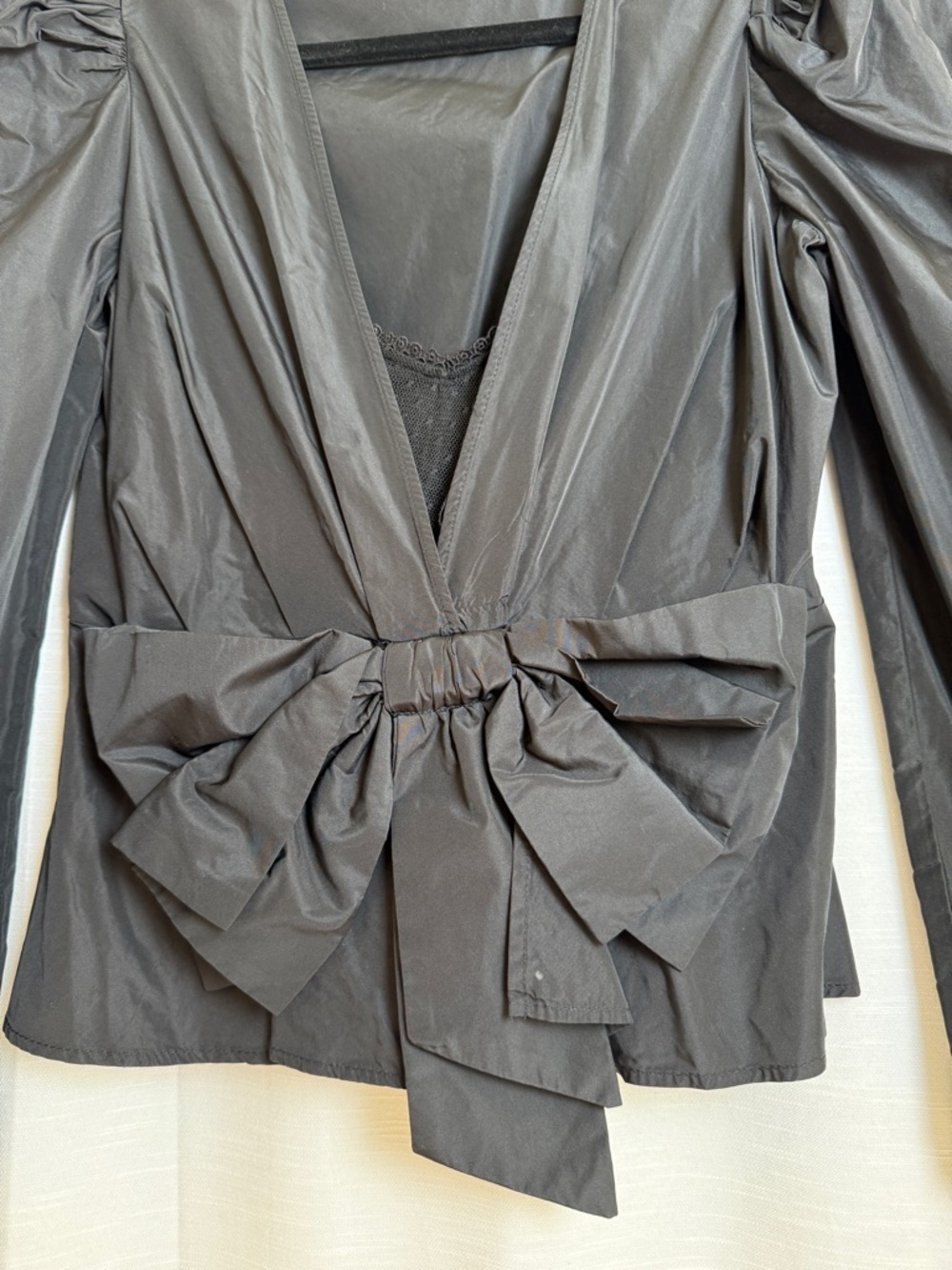 Zara Black Structured Bow Peplum Top Puff Sleeve Deep V Blouse Dressy | Size S - Picture 7 of 11